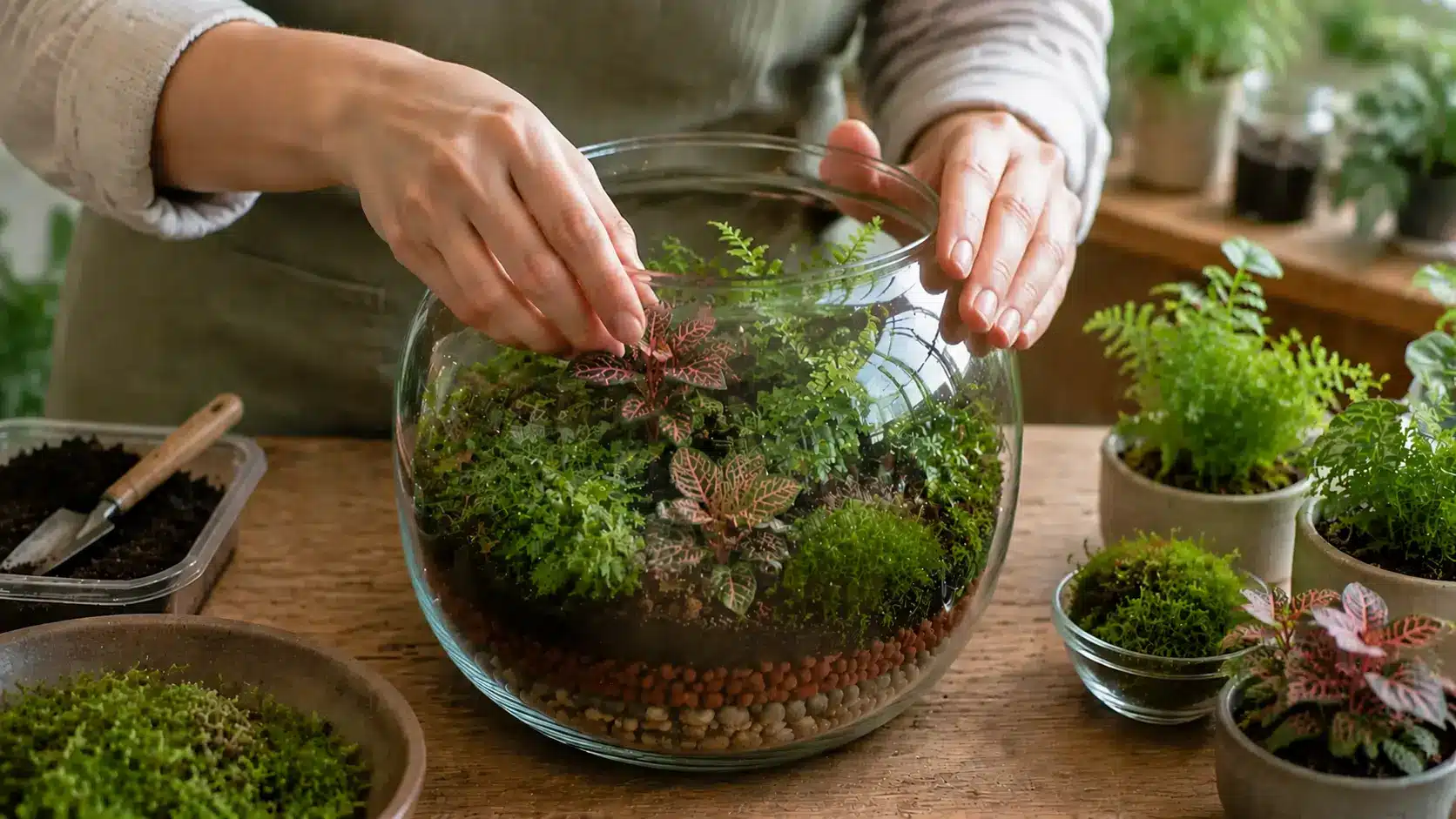 Arranging plants and moss inside a terrarium