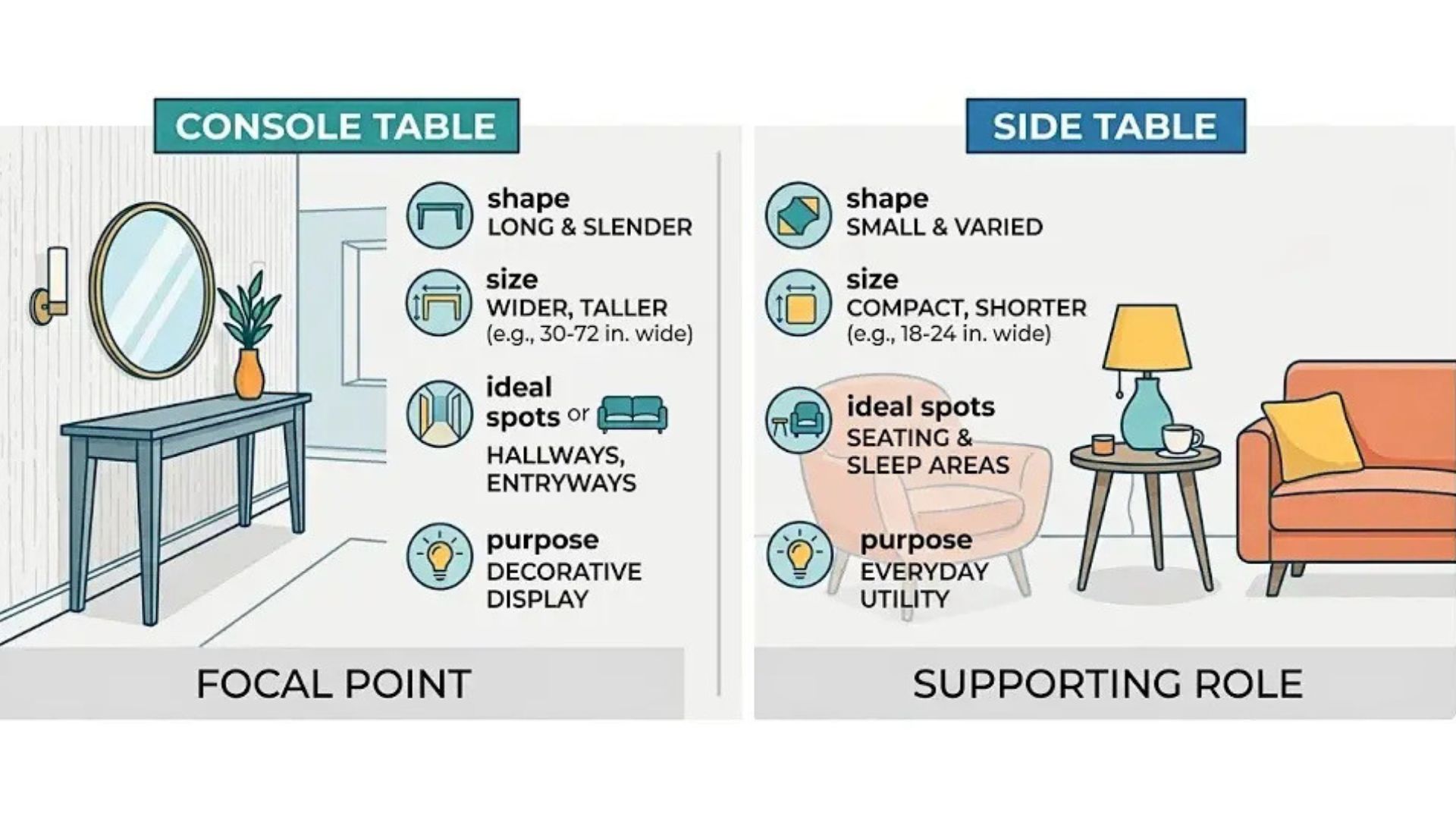 A side-by-side comparison infographic contrasting a long, decorative console table acting as a focal point in a hallway