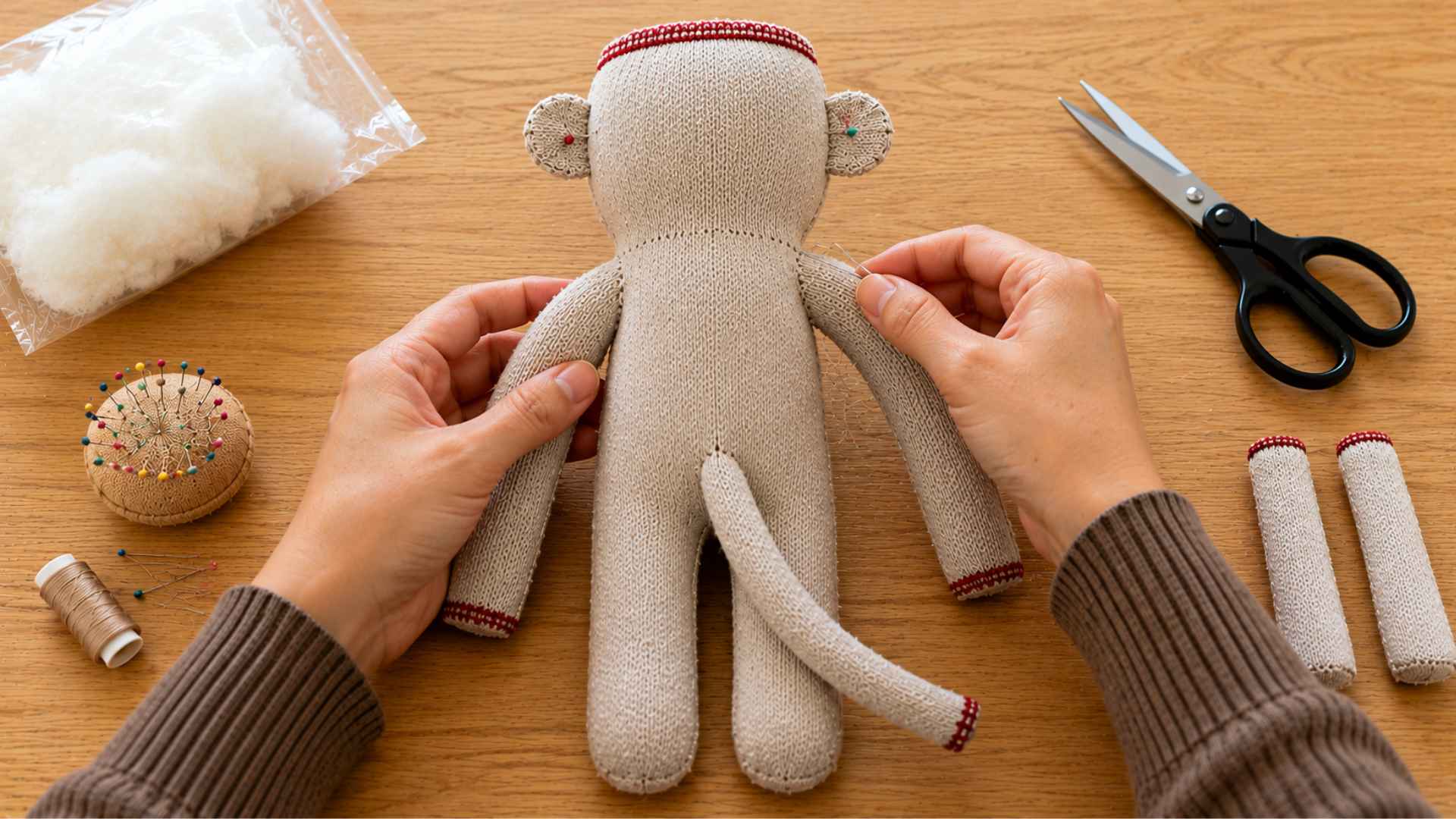 Attaching arms, tail, and ears to a handmade sock monkey
