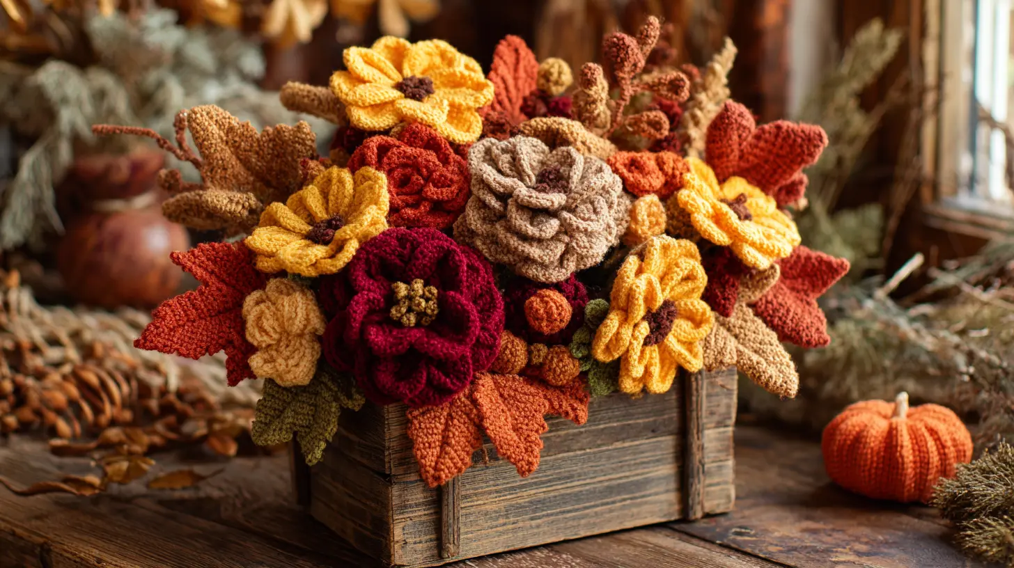 Crochet autumn bouquet with warm seasonal flowers and leaves