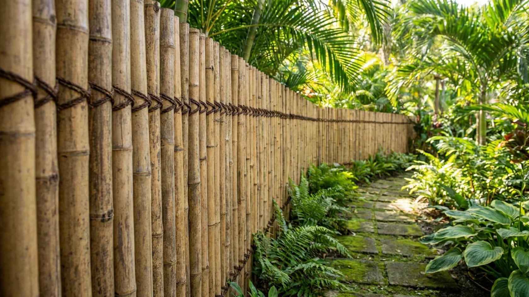 Bamboo roll fence installed beside a garden pathway with lush greenery and natural texture