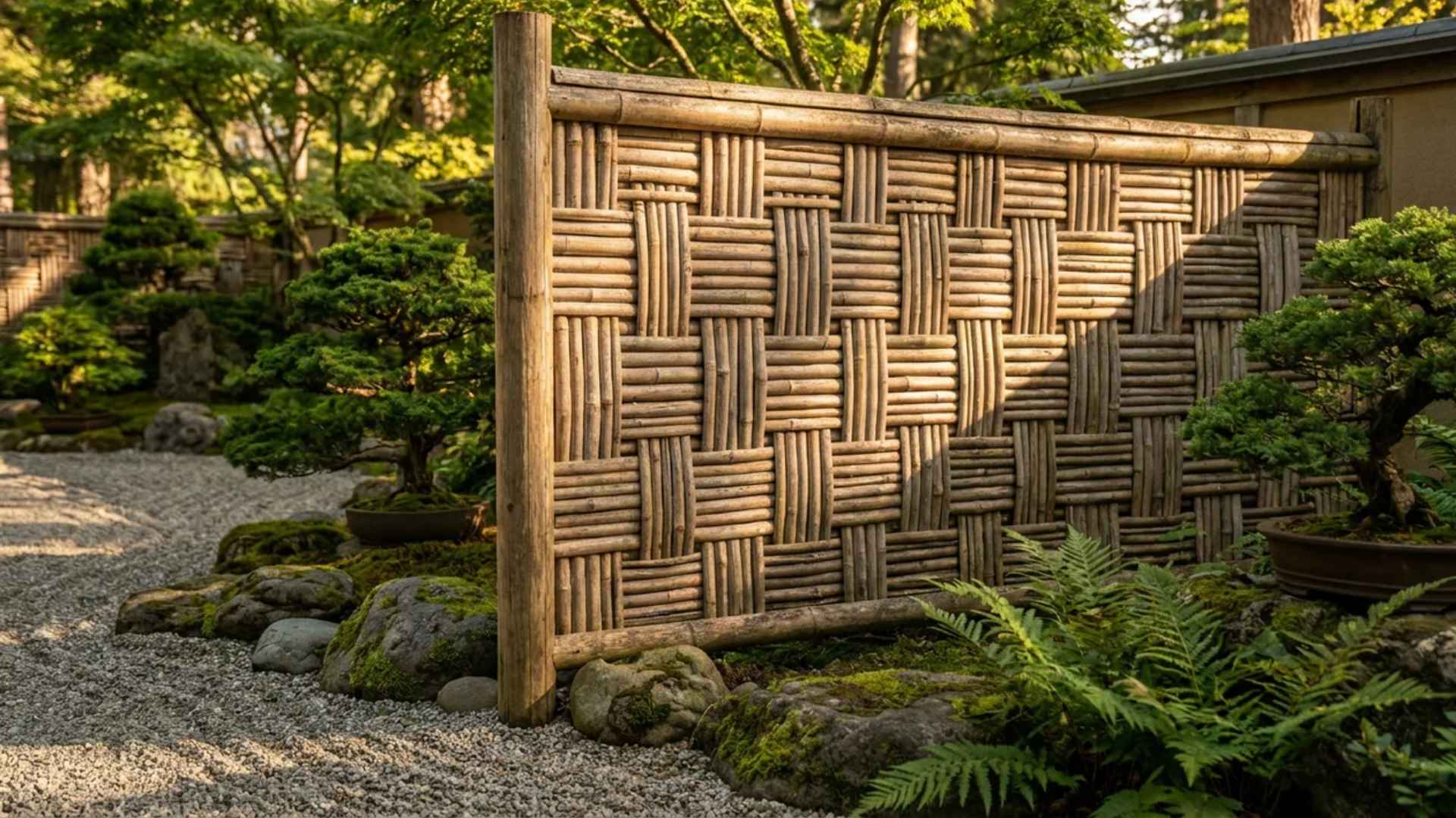 Natural bamboo fence bordering a peaceful zen garden with gravel and ornamental plants.