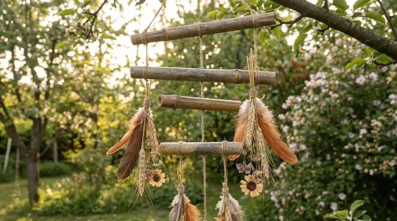 Natural bamboo stakes with brown feathers and dried flowers on jute cord hanging from a garden tree
