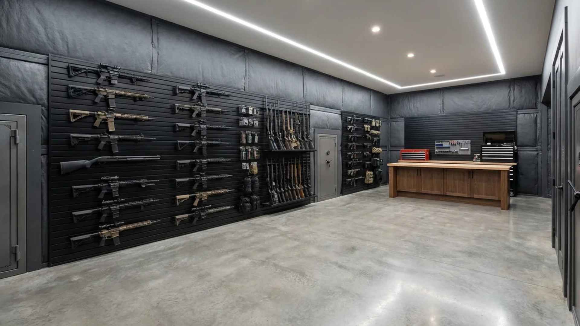 Basement gun room with floor-to-ceiling storage panels and bright overhead lighting