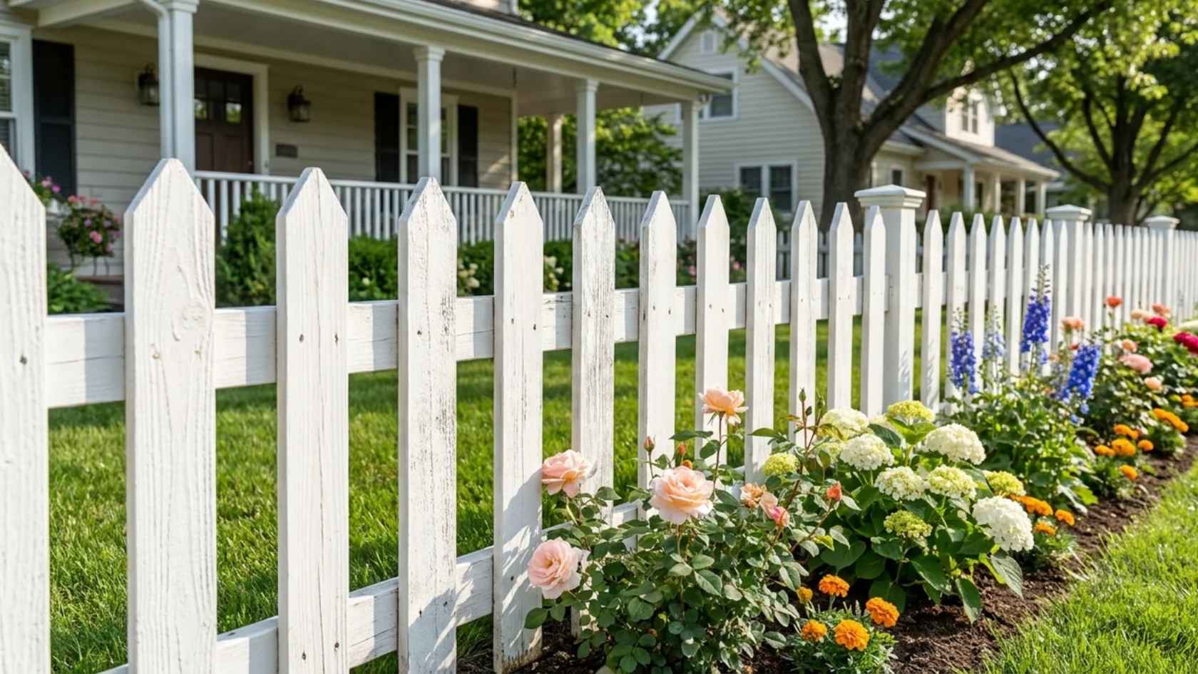 White picket fence along a front lawn with flowers creating a classic neighborhood look