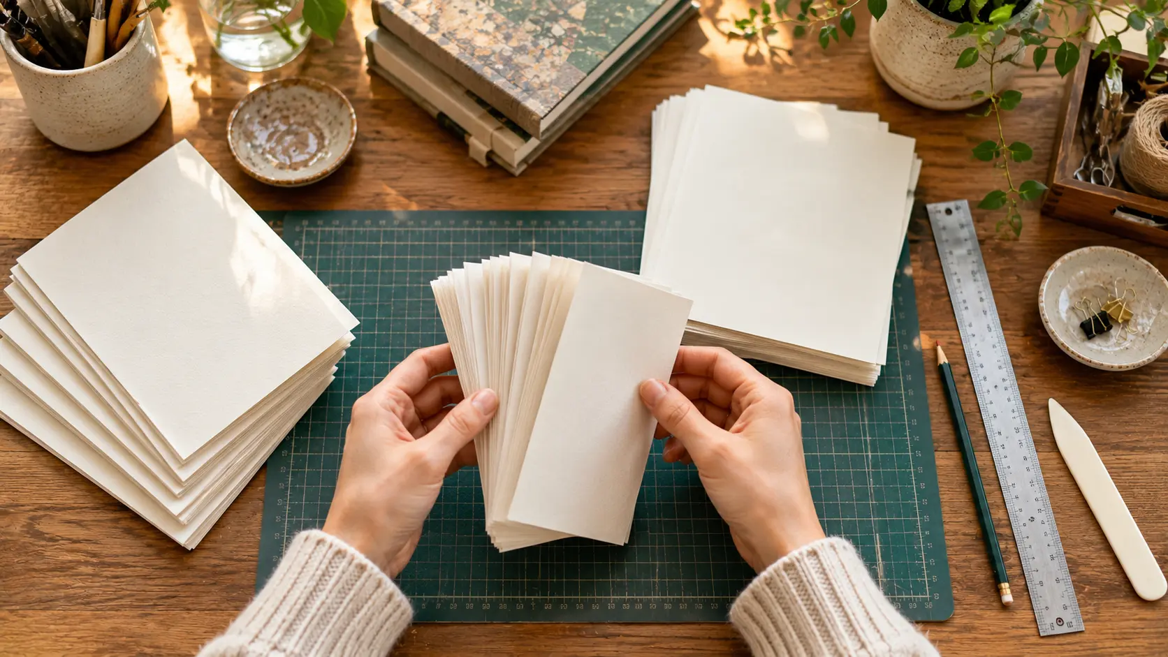 Beginner organizing and reviewing printed pages before bookbinding