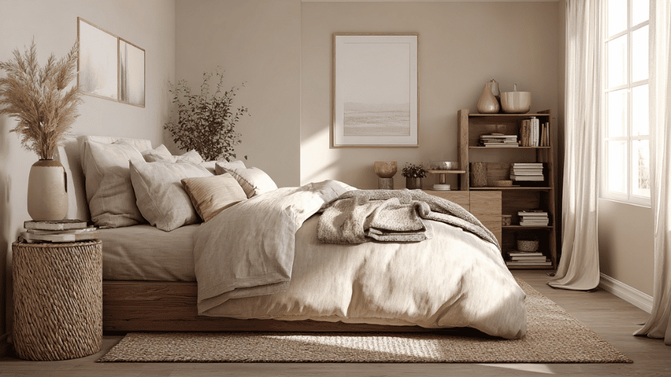 Minimalist bedroom with beige and cream tones and warm natural textures.