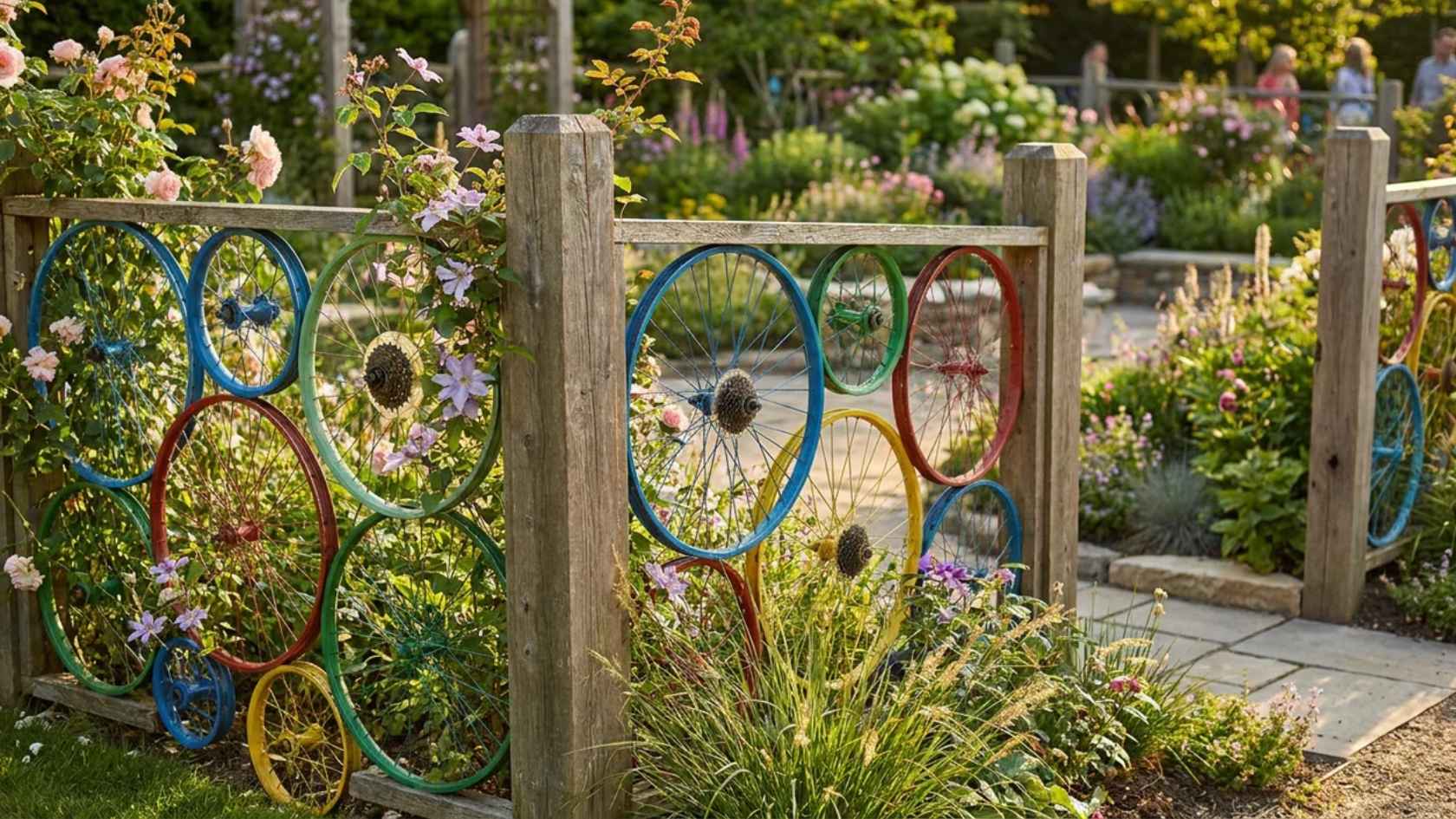 Bicycle wheel fence made from old wheels for an artistic garden edge