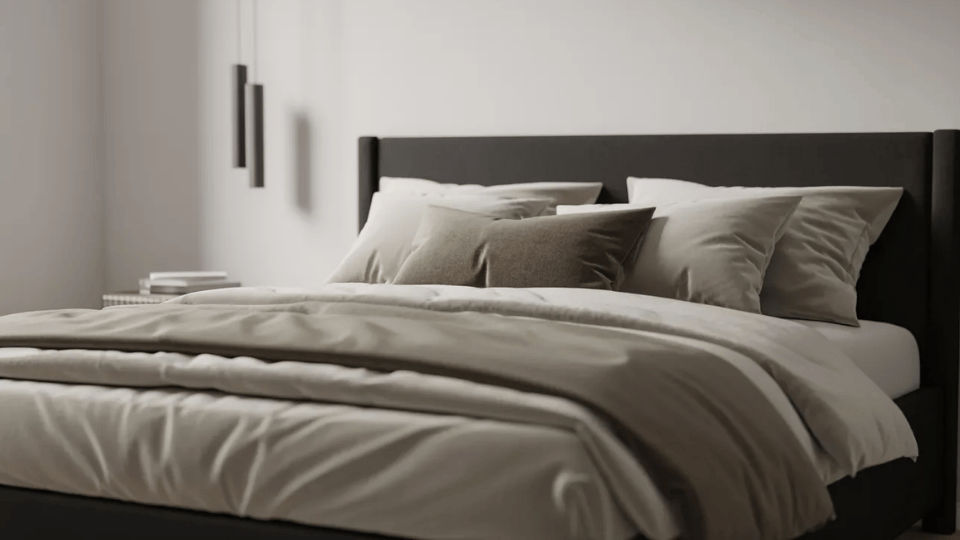 Minimalist bedroom with black accents and neutral modern color palette.