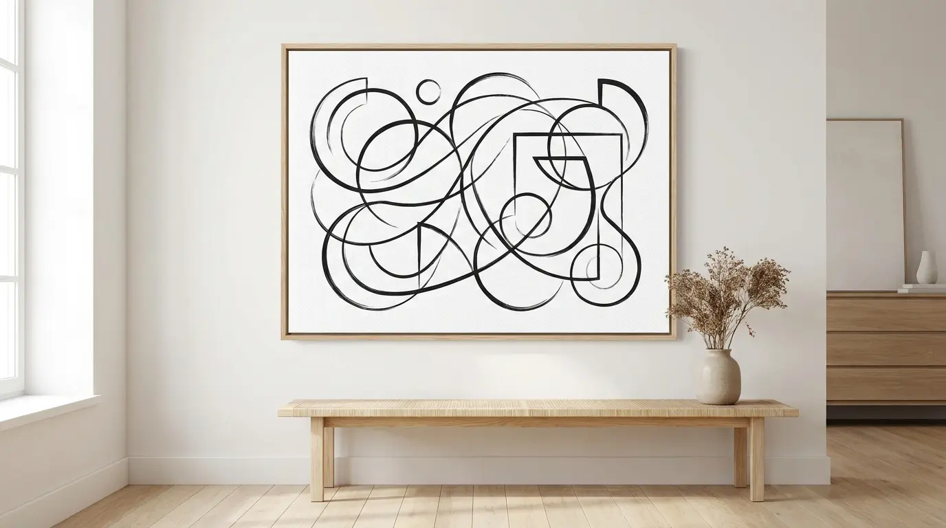 Black and white line art canvas painting with abstract curves