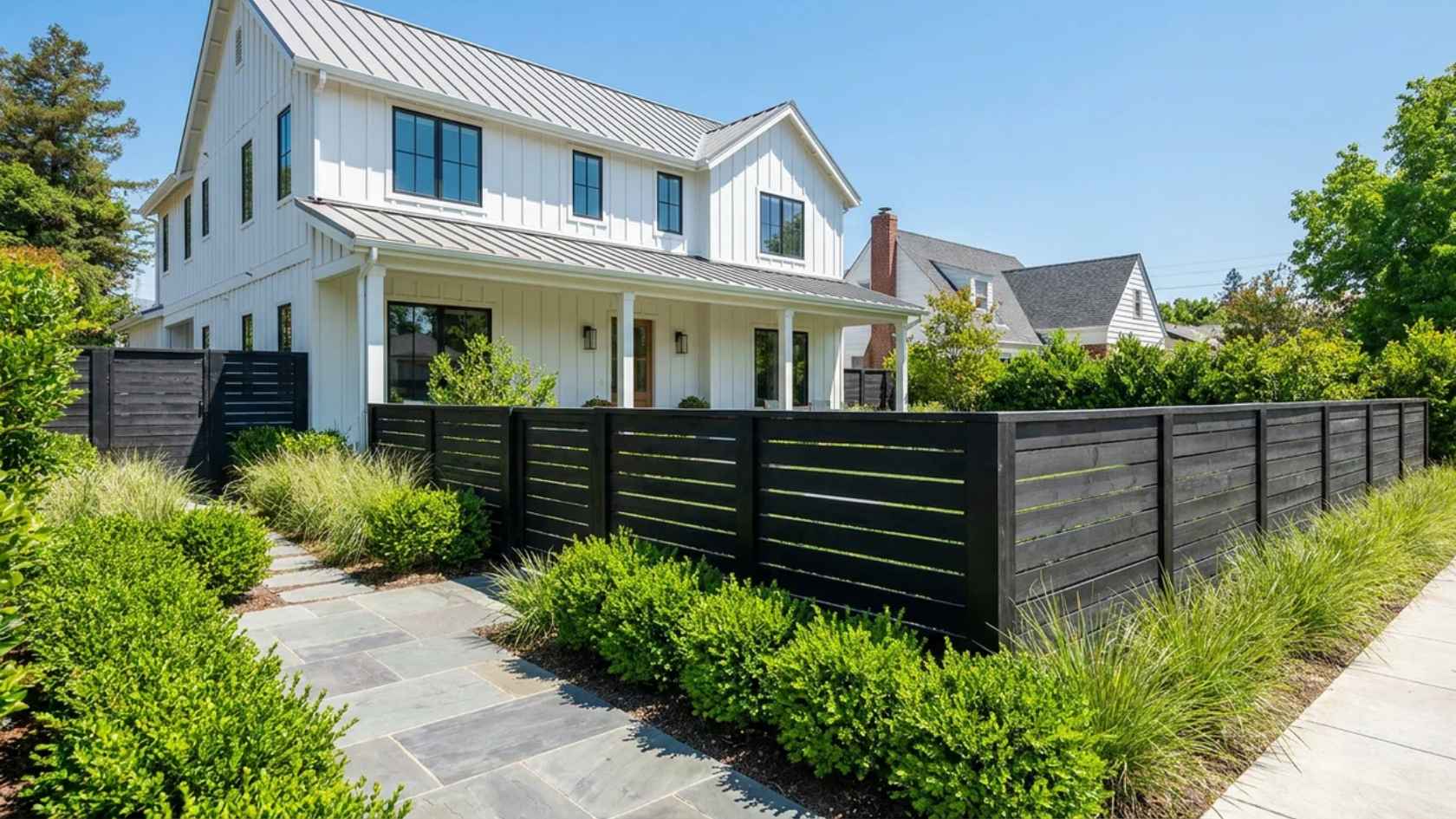 Black-stained wood fence enhancing curb appeal with modern contrast and landscaping.