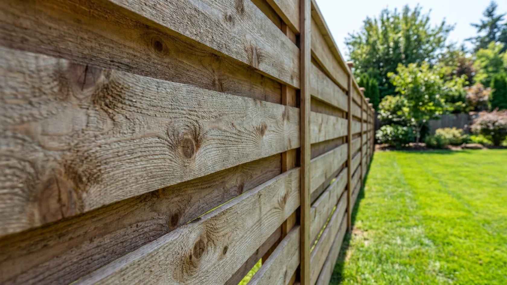 Wood board-on-board privacy fence with overlapping panels beside a green lawn