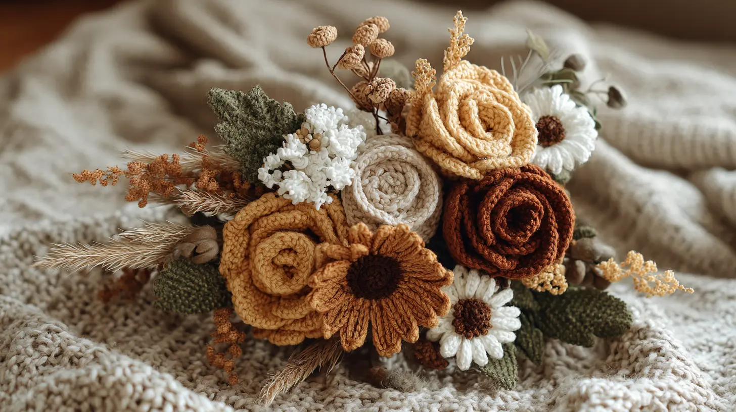 Crochet boho flower bouquet with mixed blooms and natural textures