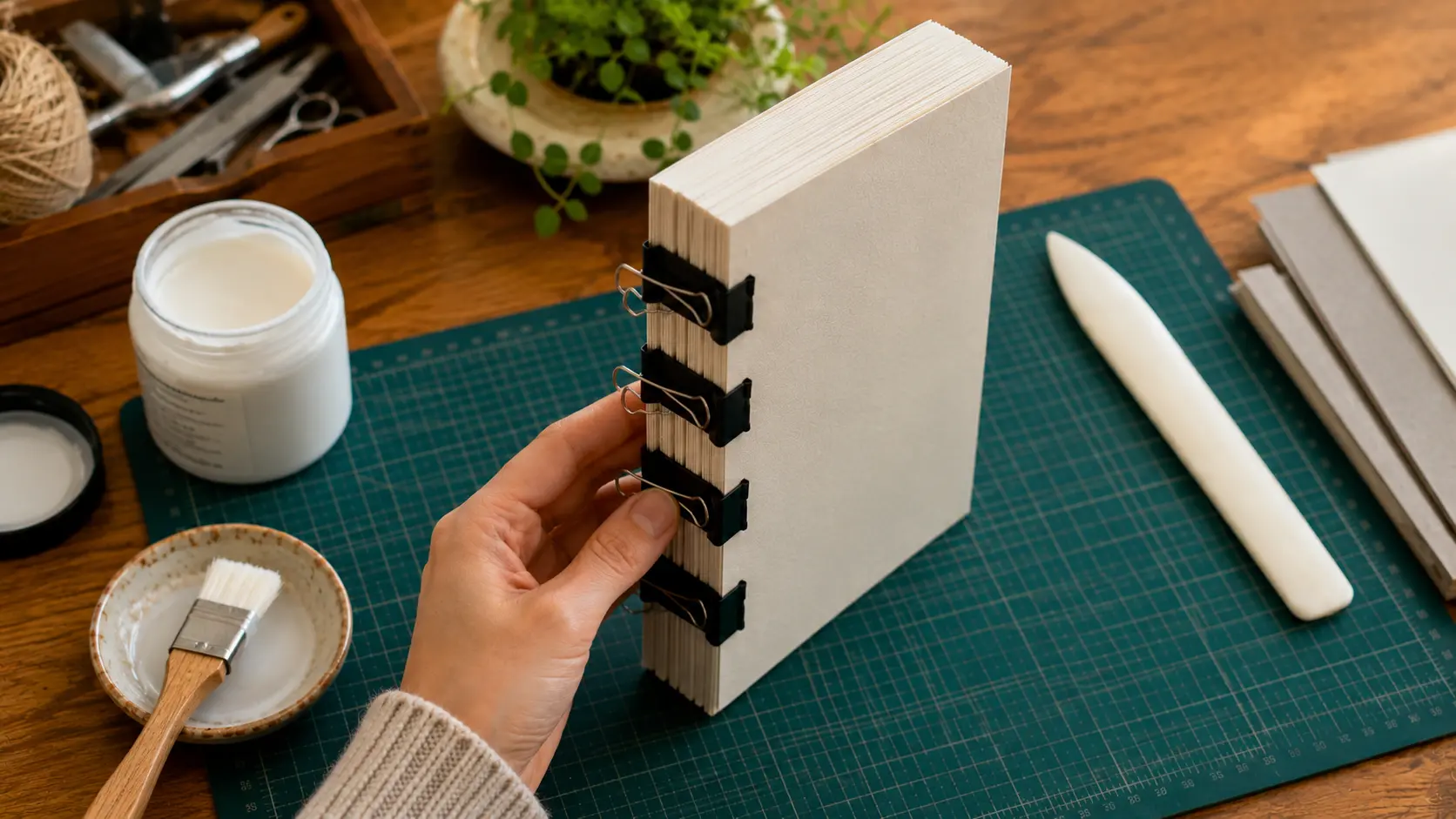 Book block tightly clamped with binder clips before gluing