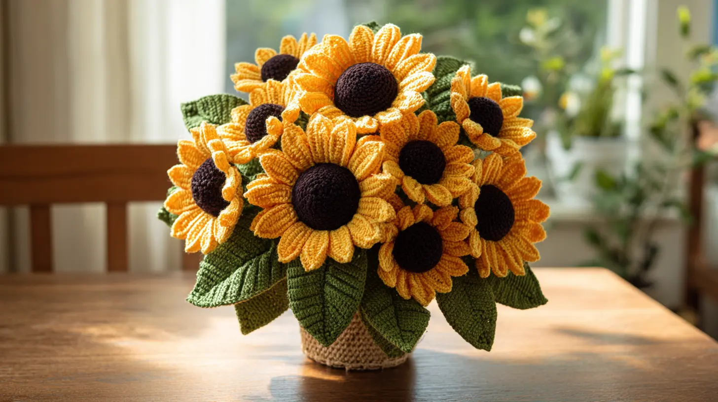Crochet sunflower bouquet with large yellow blooms and green leaves