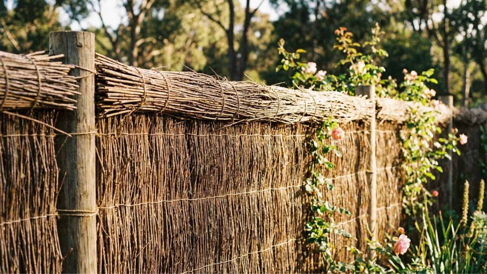 Natural reed screen fence attached to posts providing affordable outdoor privacy