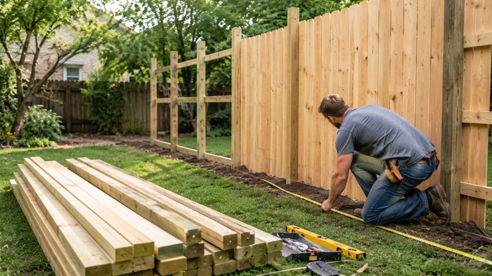 DIY wooden privacy fence under construction with lumber, tools, and measuring layout in backyard yard.