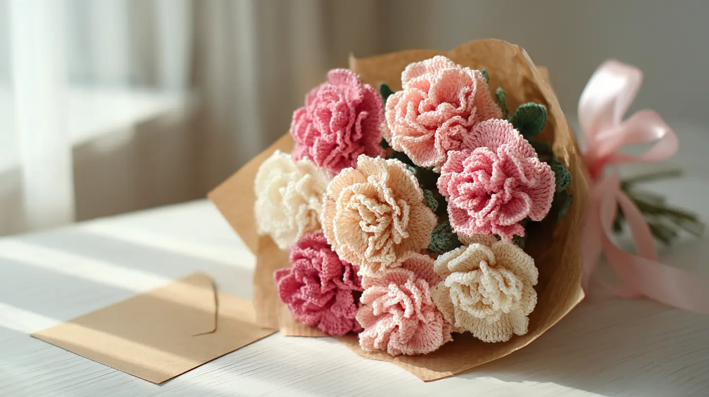 Crochet carnation gift bouquet wrapped with ribbon and decorative paper