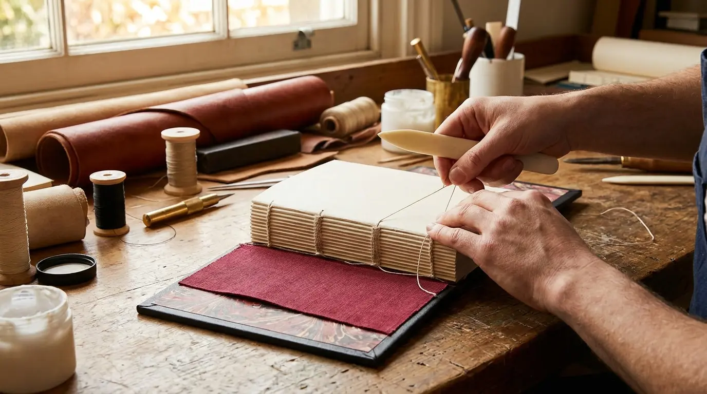 Case-bound hardcover book being assembled by hand