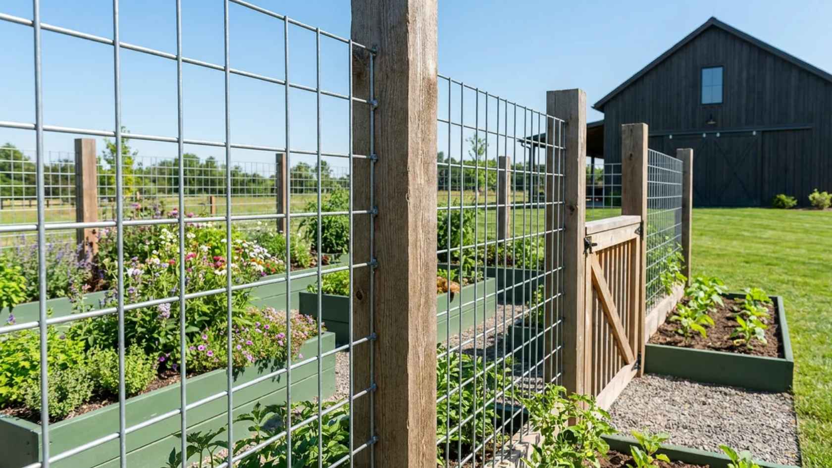 Galvanized cattle panel fence with wooden posts providing strong garden and yard protection
