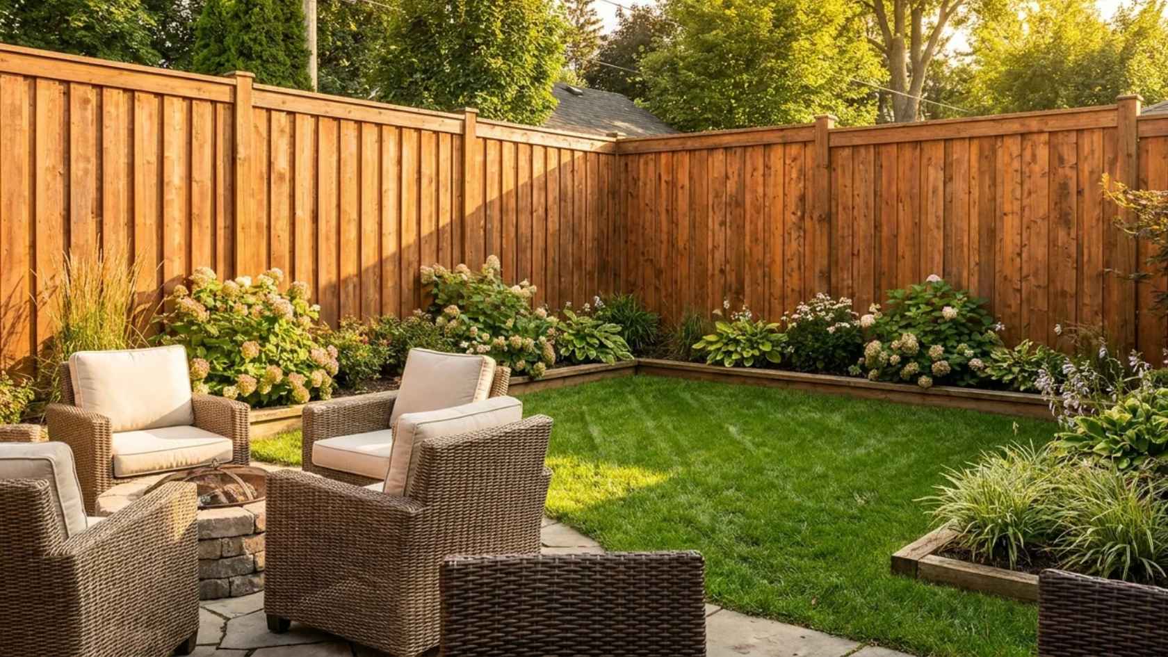Tall cedar privacy fence enclosing a landscaped backyard with warm natural wood tones.