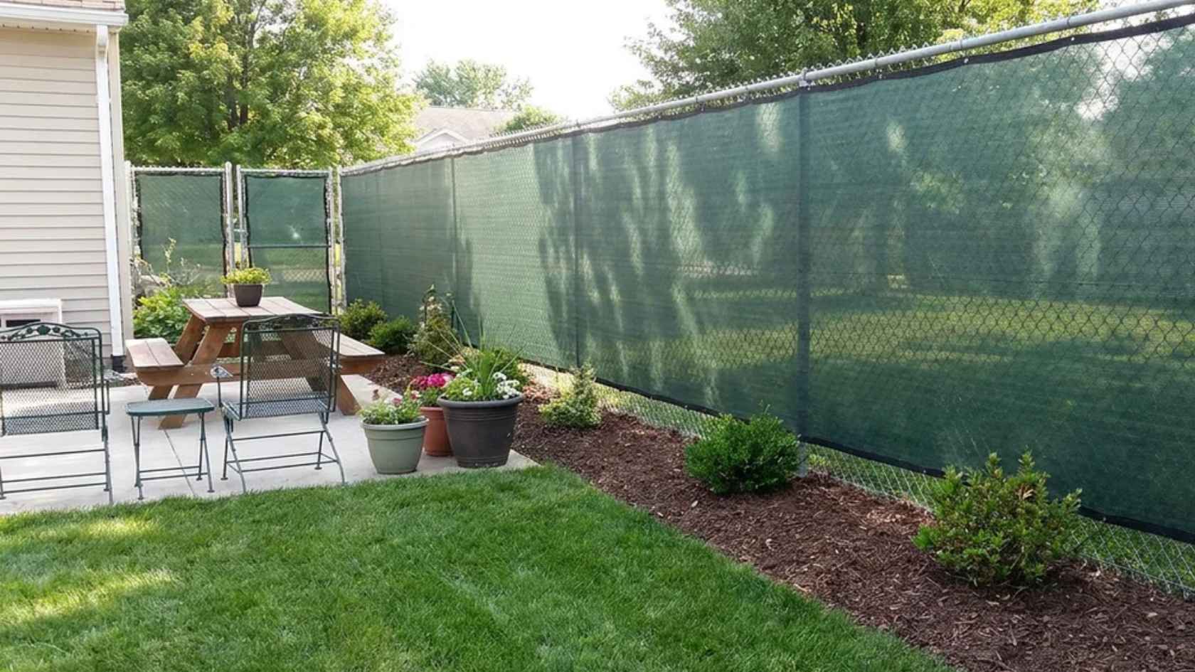 Chain link fence with privacy screens creating a more secluded backyard space.