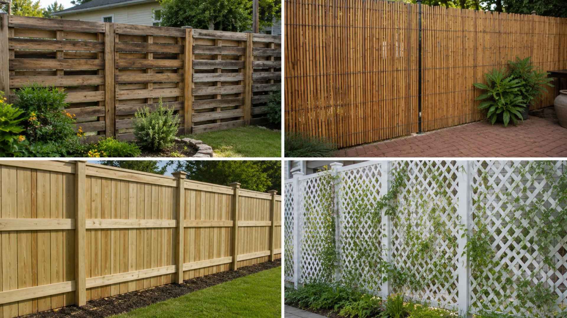 DIY privacy fence collage showing wood pallet, bamboo screen, pine picket, and lattice fence ideas in a backyard setting.