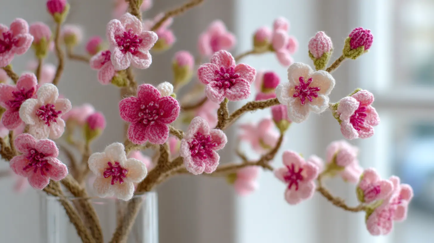 Crochet cherry blossom branches with pink and white flowers in vase