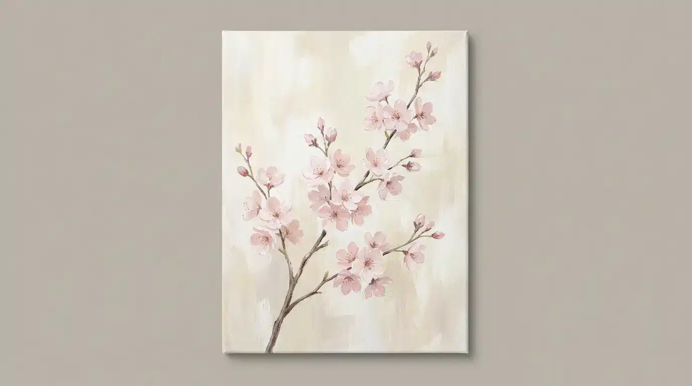 Cherry blossom branch canvas painting with pink blossoms on dark wood