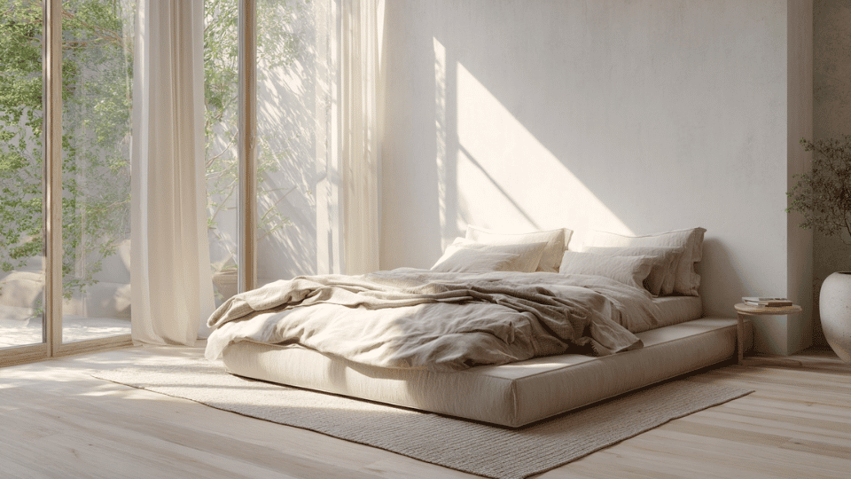 Modern minimalist bedroom with a low platform bed, neutral bedding, and soft natural morning light.