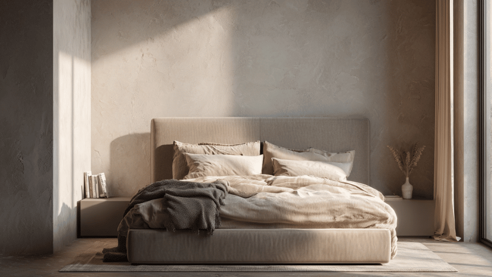Minimalist bedroom with a slim headboard and soft neutral decor.