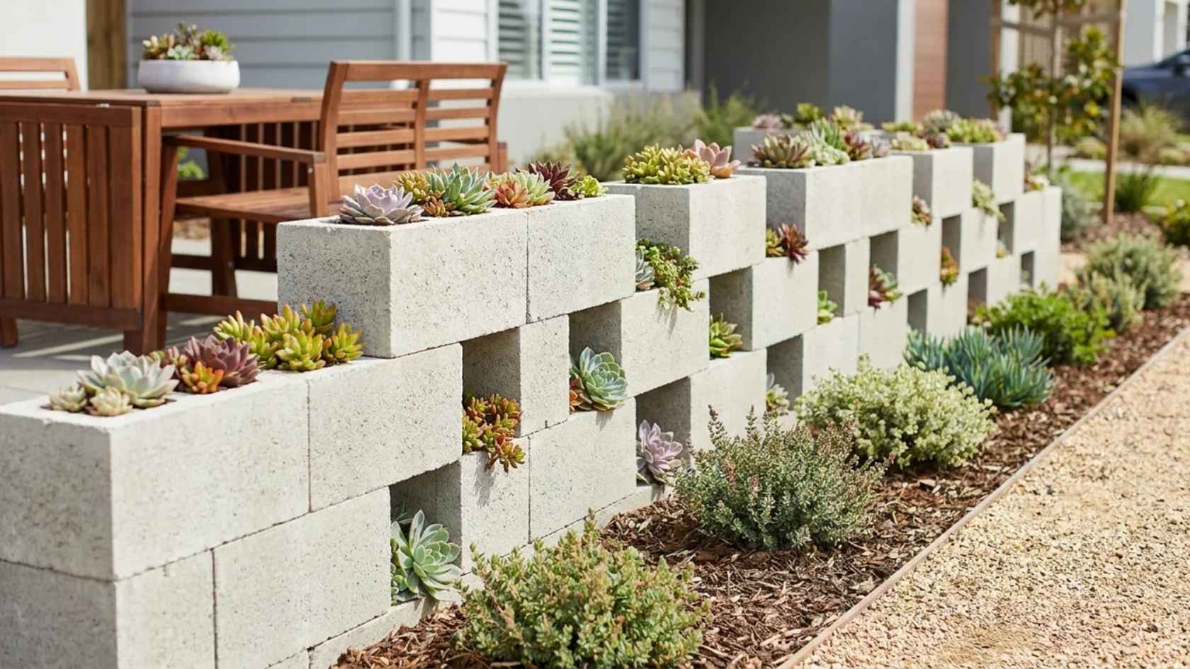 Stacked cinder block fence with planted succulents creating a decorative garden border
