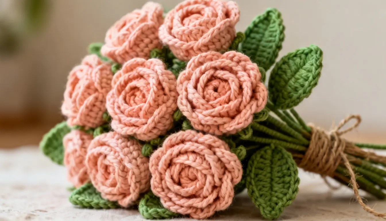 Handmade crochet rose bouquet in a round shape with matching roses and green leaves