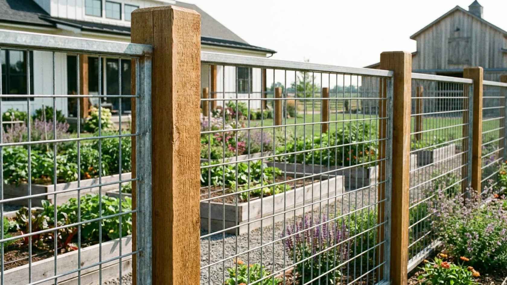 Wire panel fence with wood posts surrounding raised garden beds and backyard landscaping