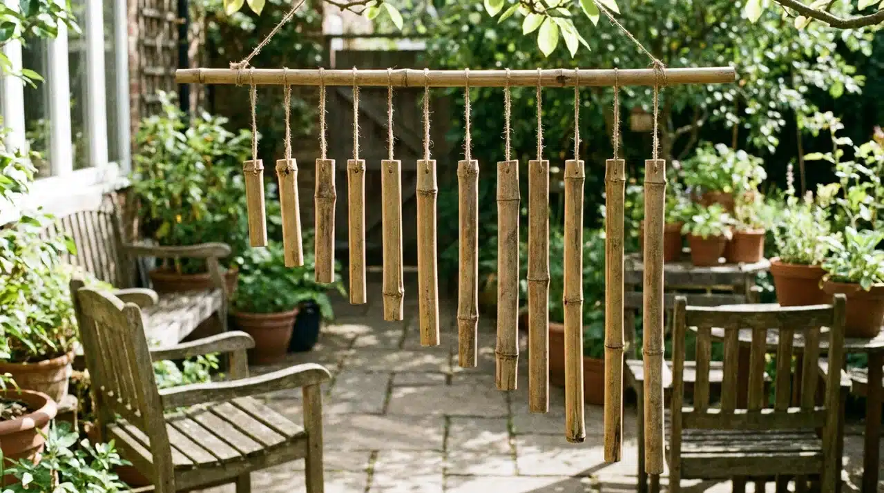 Handmade bamboo wind chime with natural stakes hanging from a horizontal cane in a sunny garden patio