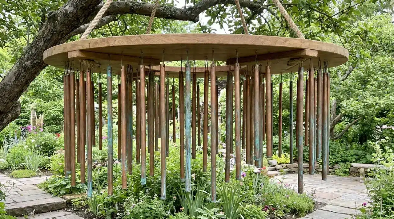 Large DIY copper pipe wind chime with patina finish hanging from a circular wooden platform in a garden