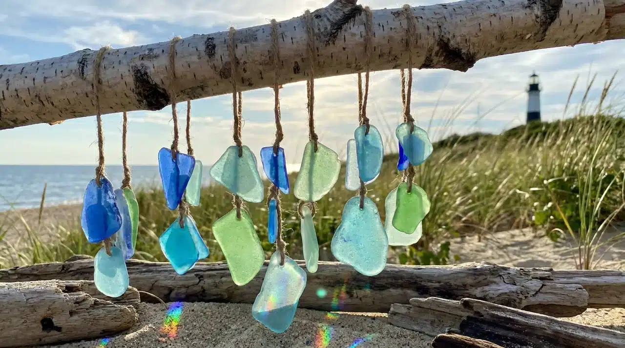 Blue and green sea glass pieces strung on cord hanging from a birch branch on a sandy beach