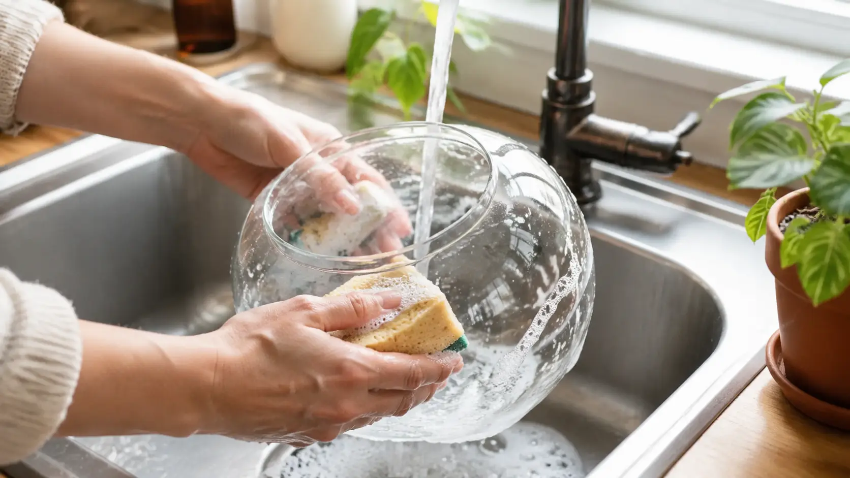 Cleaning a glass container before building a terrarium.
