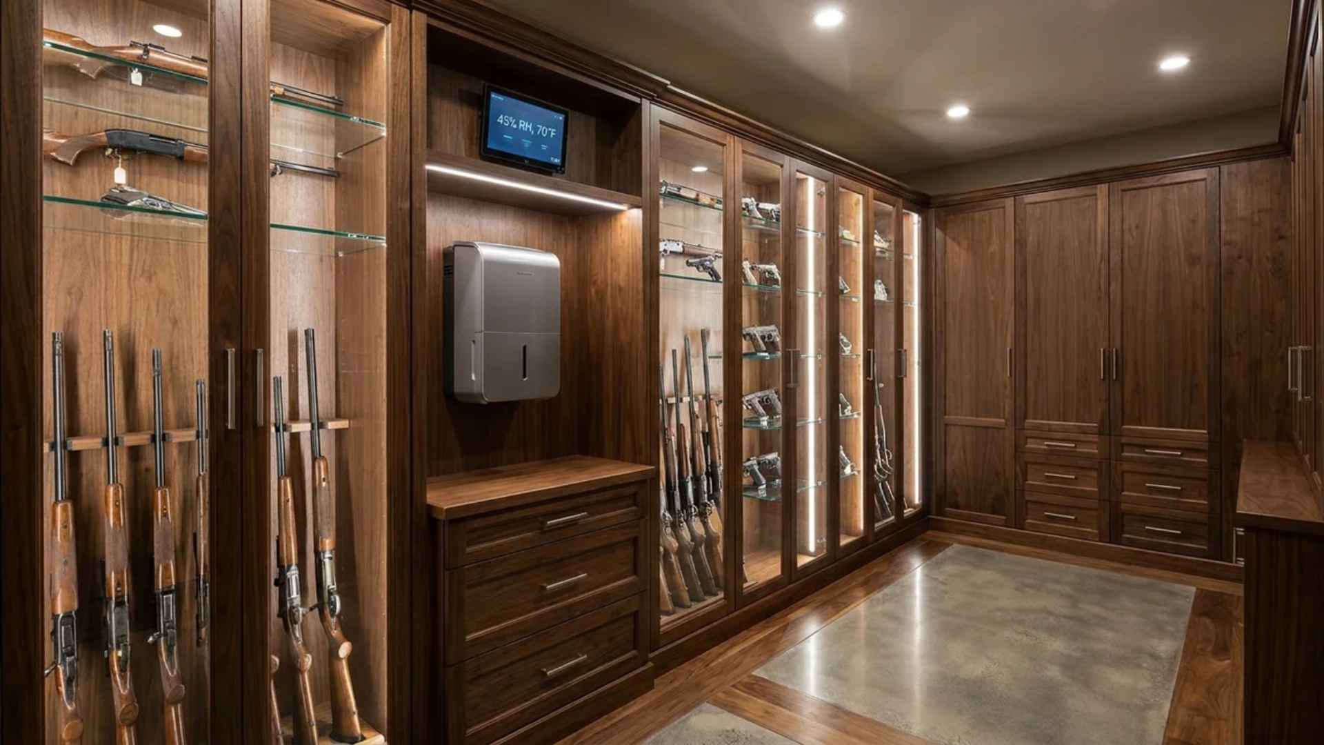 Climate-controlled gun room with firearm displays, storage cabinets, and humidity control