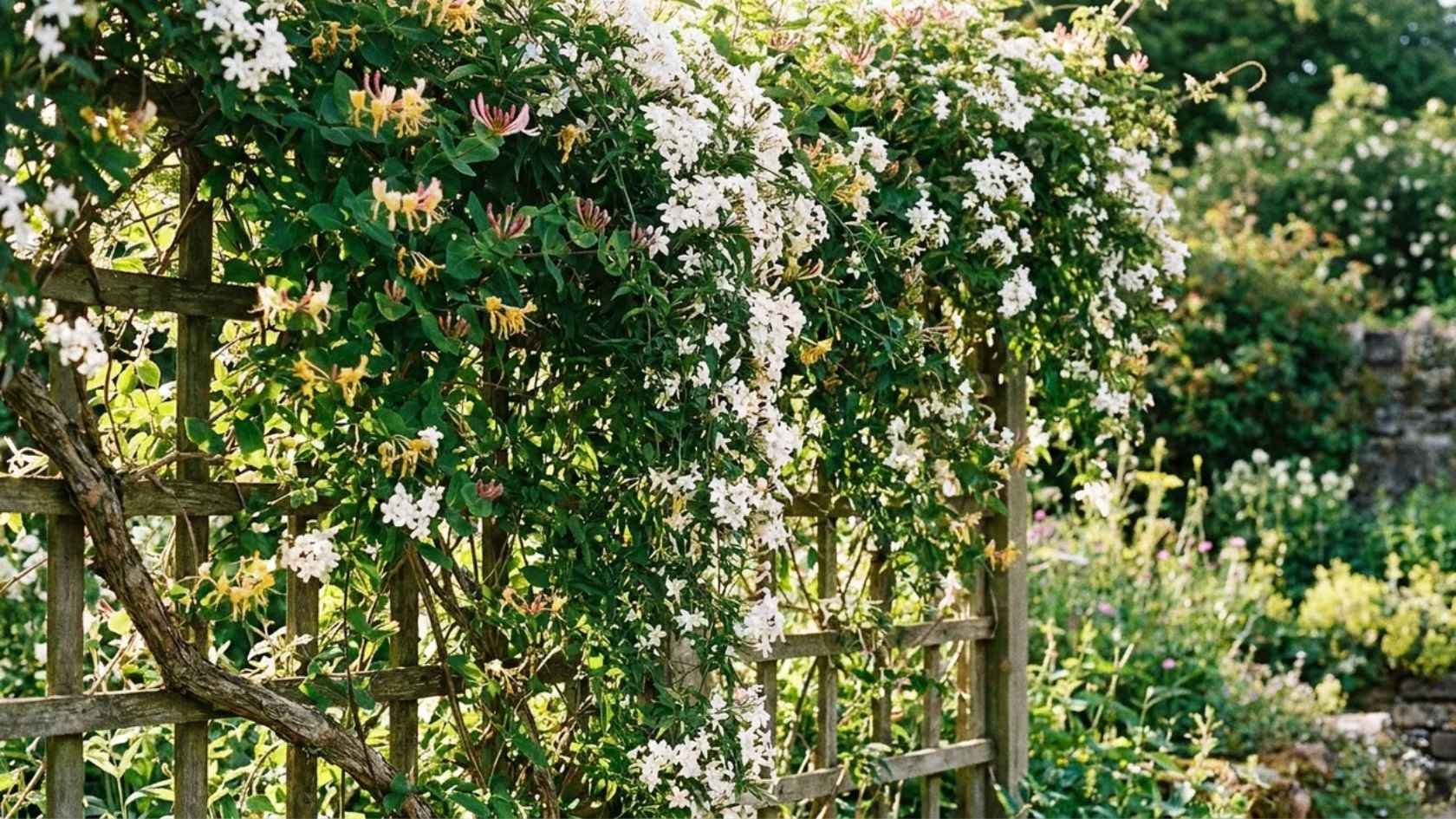 Wooden trellis fence covered with flowering vines creating a green privacy barrier