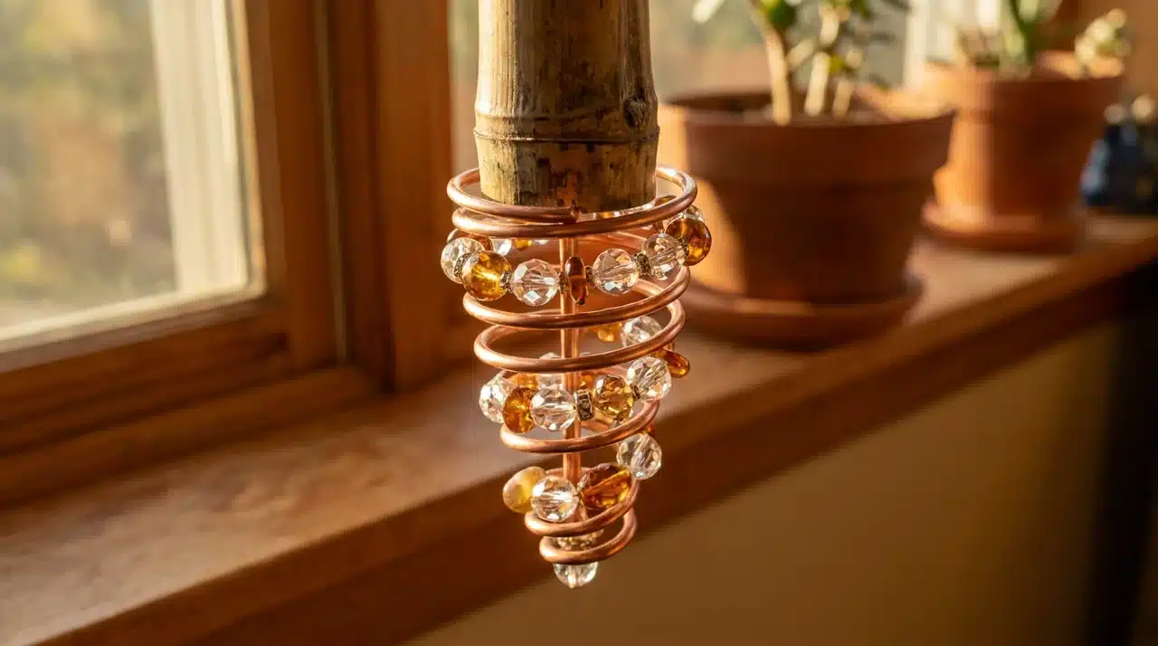 Coiled copper tube wind chime with amber and crystal beads hanging near a sunny indoor window