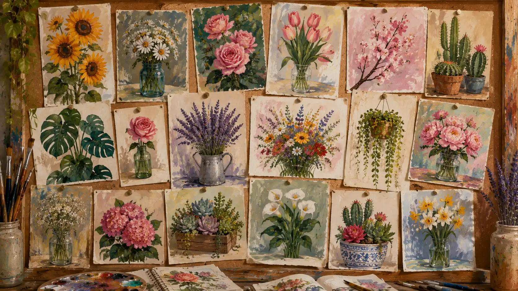 Colorful collection of flower and plant paintings pinned on a board.