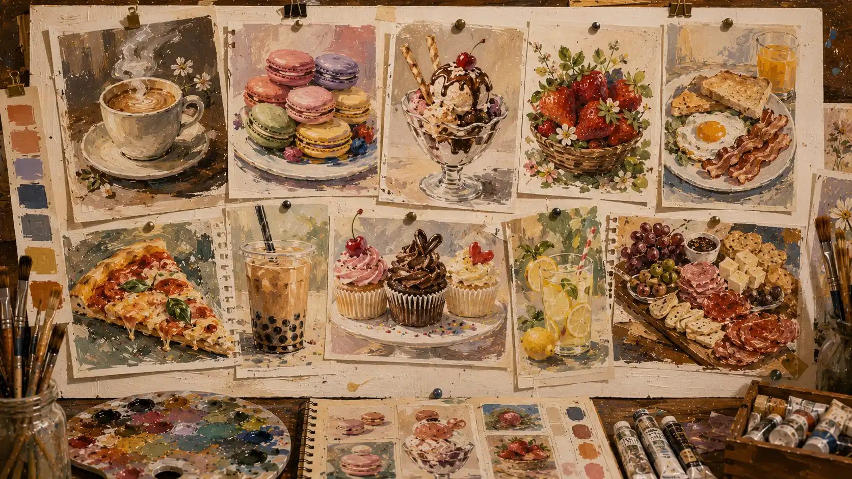 Collection of colorful food and drink paintings