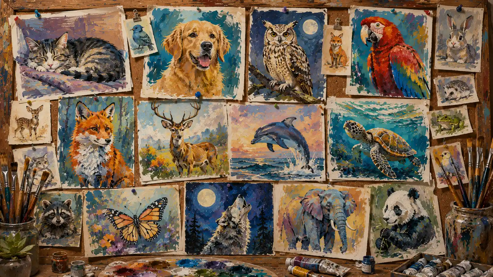 Animal paintings featuring various wildlife arranged on a cork board.