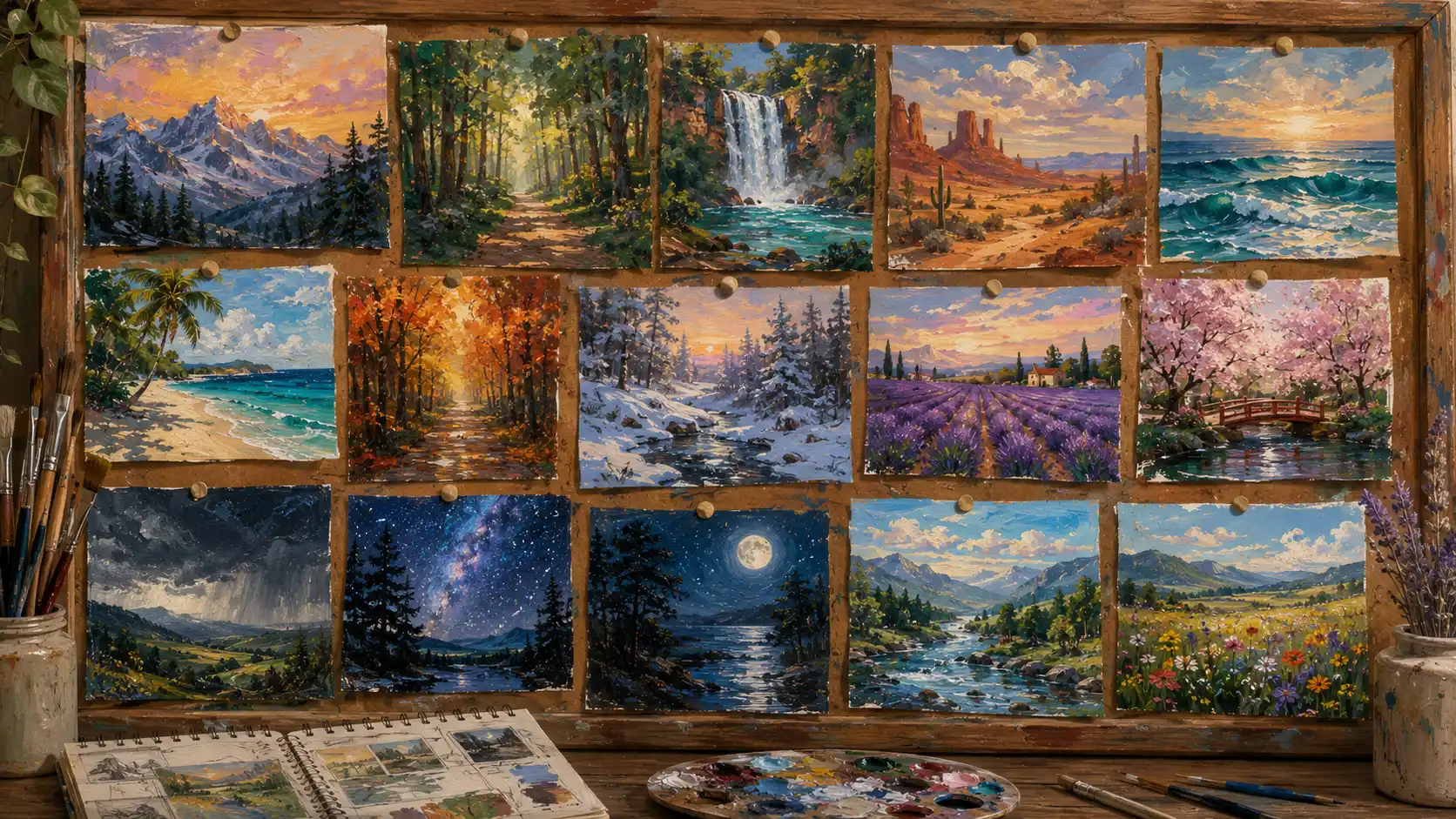 Collection of colorful hand-painted nature landscapes