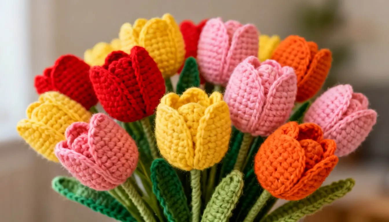 Bright crochet tulip bouquet arranged neatly on wooden table