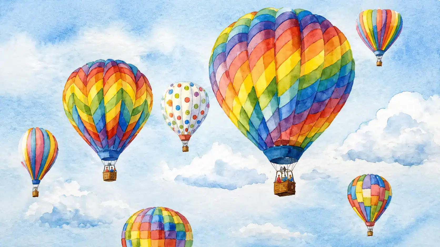 Colorful watercolor hot air balloons floating against a soft painted sky