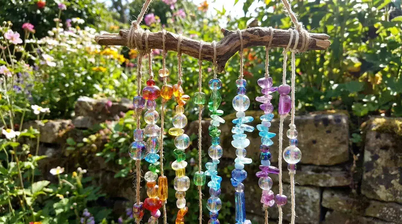 Rainbow plastic and glass beads strung on cord hanging from a natural driftwood branch in a garden
