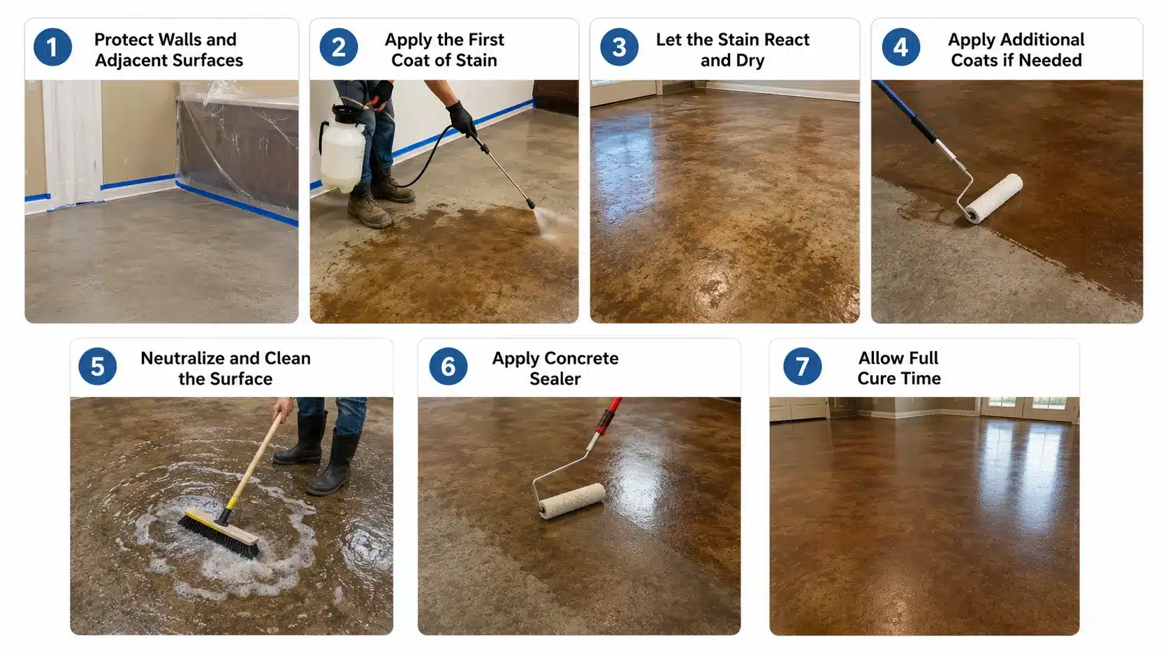demonstrating the concrete staining process, showing numbered steps from protecting surfaces and spraying stain to neutralizing, sealing, and curing the final brown-toned floor.