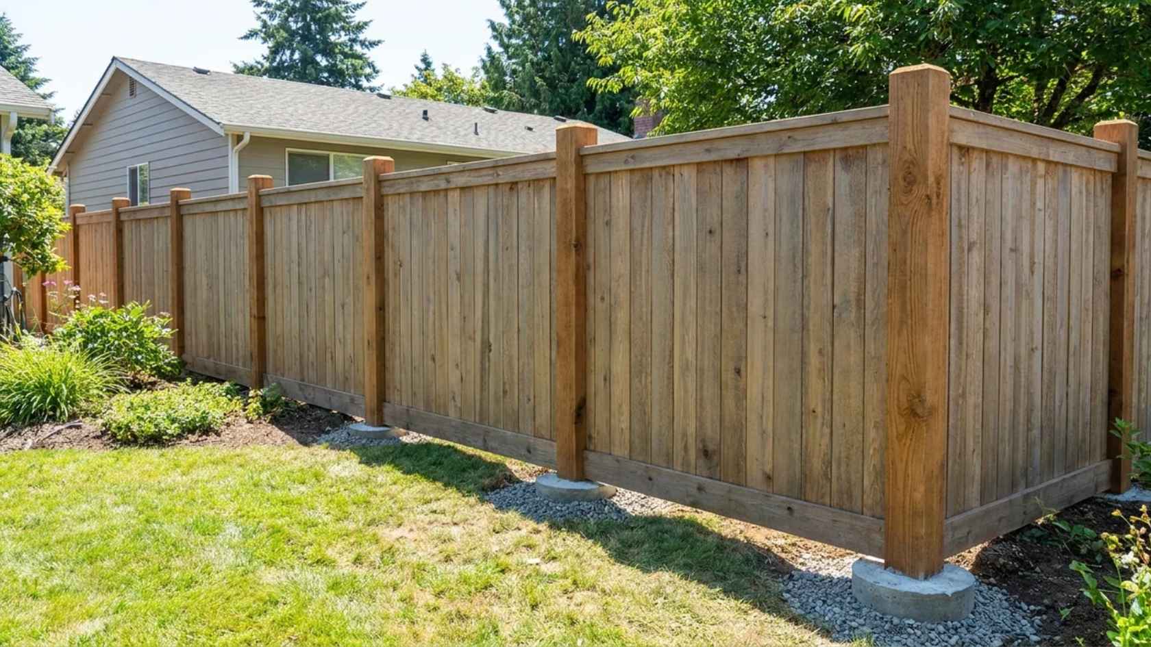 Wood privacy fence with concrete-set posts providing a durable backyard boundary